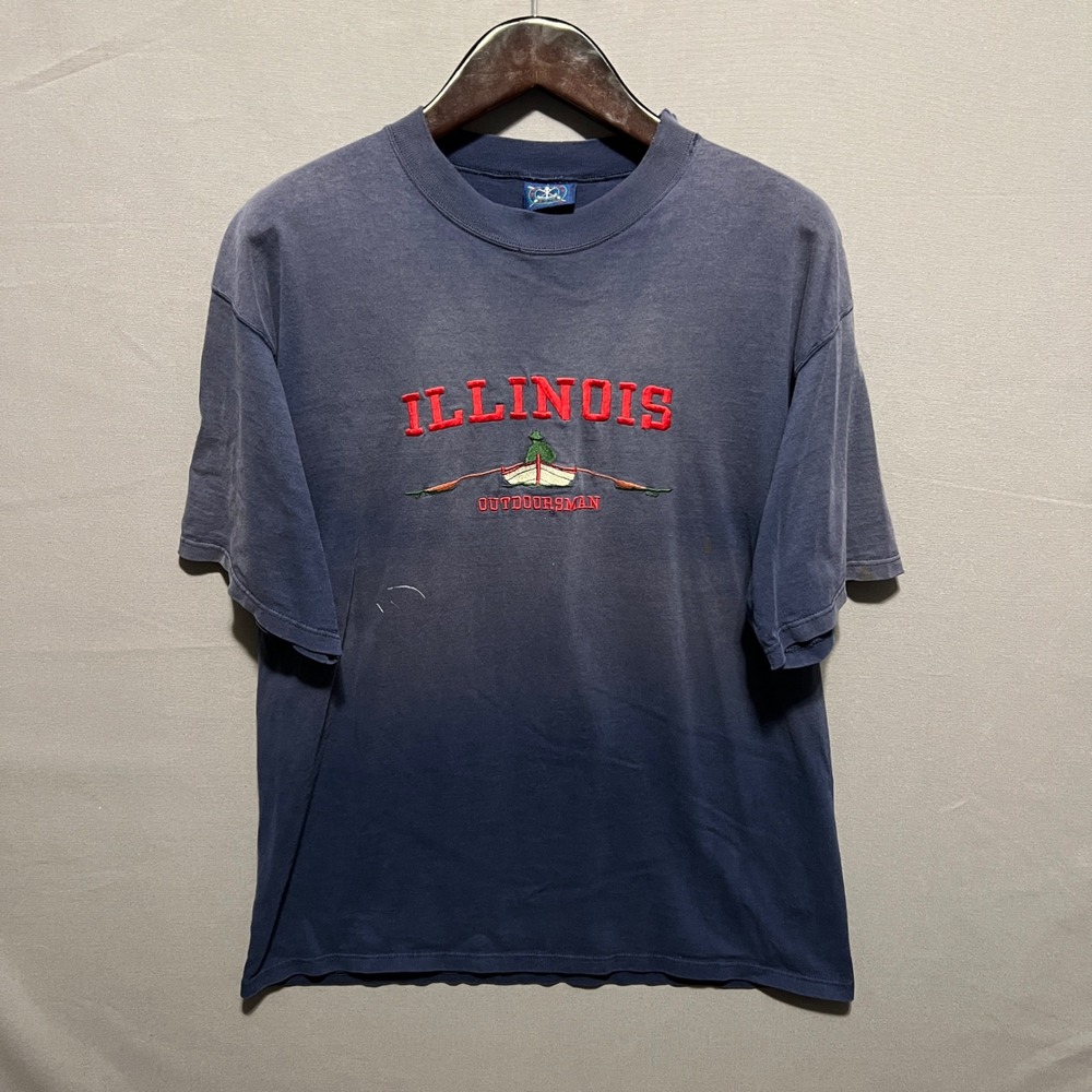 Vintage Oarsman 913 Illinois Outdoorsman Sun Faded Distressed T-Shirt Navy L